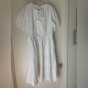 Chic White Midi Dress with Eyelet Hem